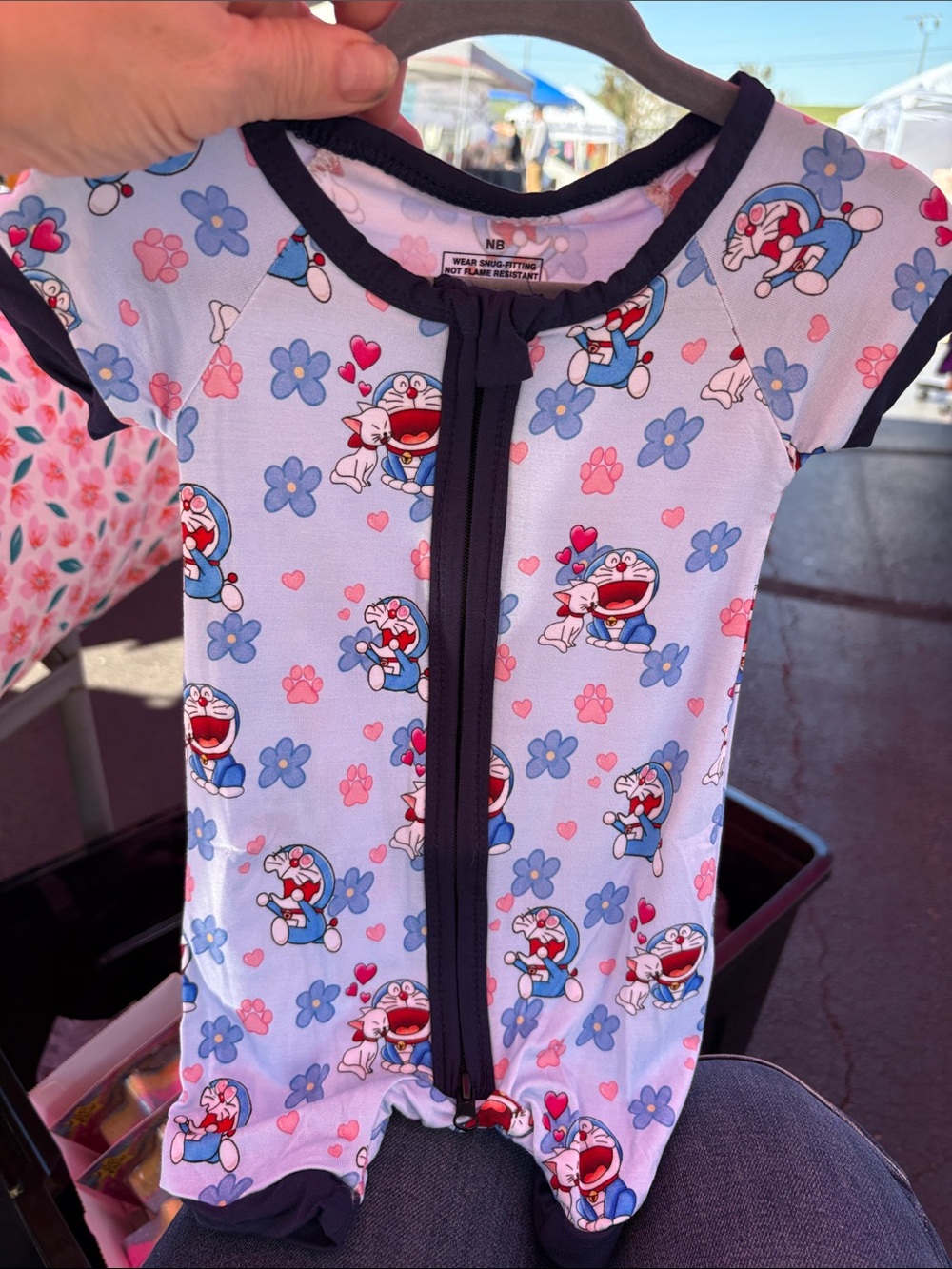 BAMBOO Light Blue Short Sleeve Baby One-Piece with Navy Trim and Cartoon Print